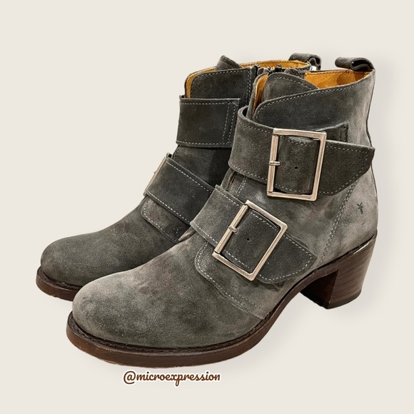$399 Frye Sabrina Double Buckle Academia Grey Suede Leather Block Heel AnkleBoot - Picture 16 of 16